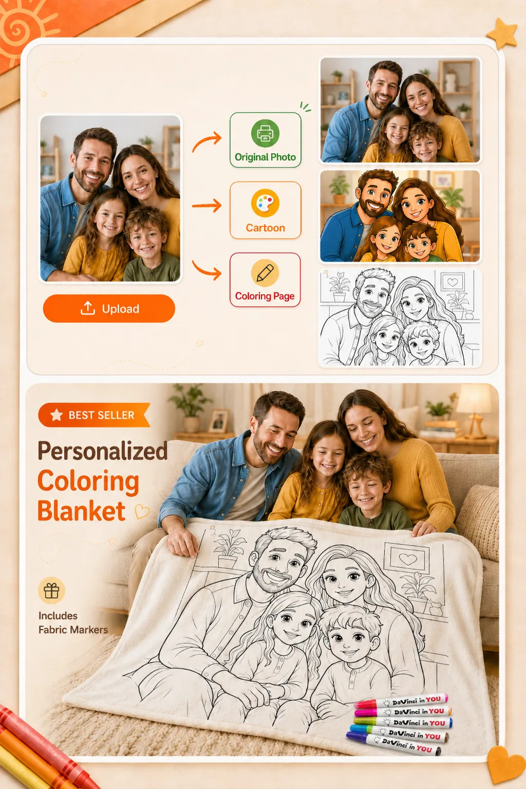 Uploaded photo transformed into Cartoon Style and Coloring Page results with a blanket product preview.