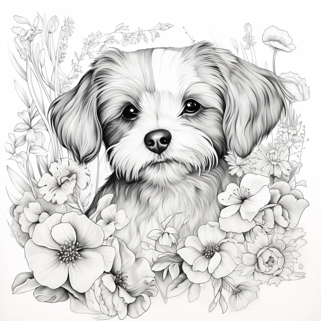 Dog with Flowers coloring blanket design