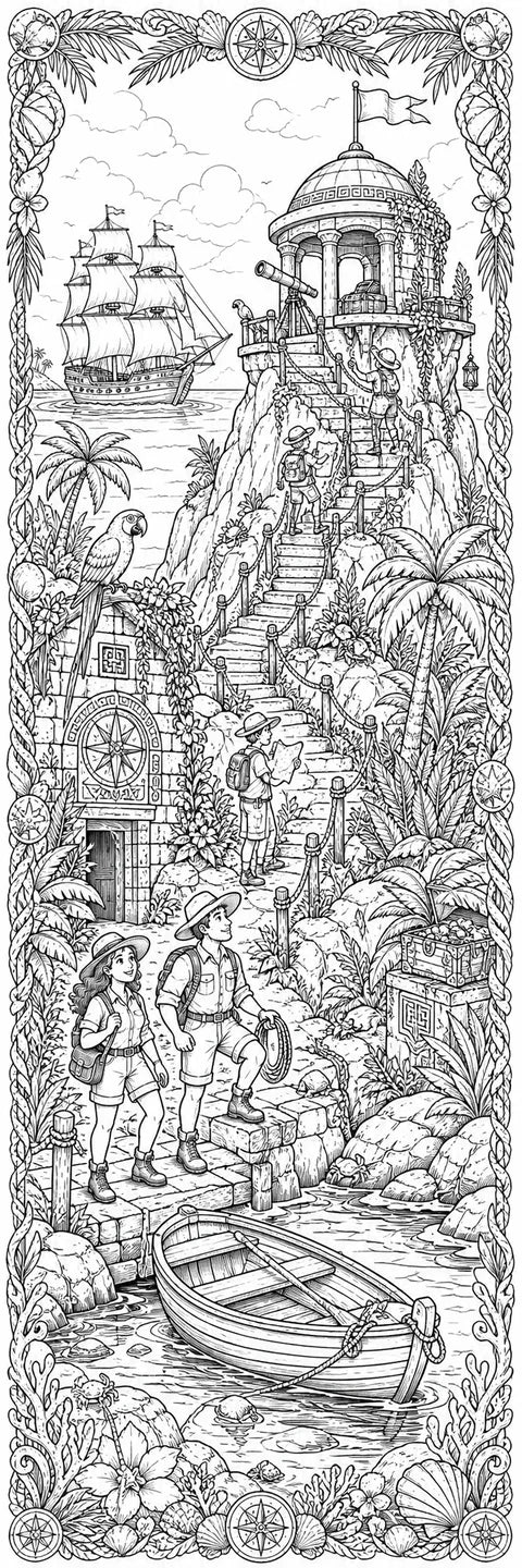 An island expedition coloring scene with a sailing ship, explorers climbing to a lookout, tropical plants, treasure, and a rowboat.