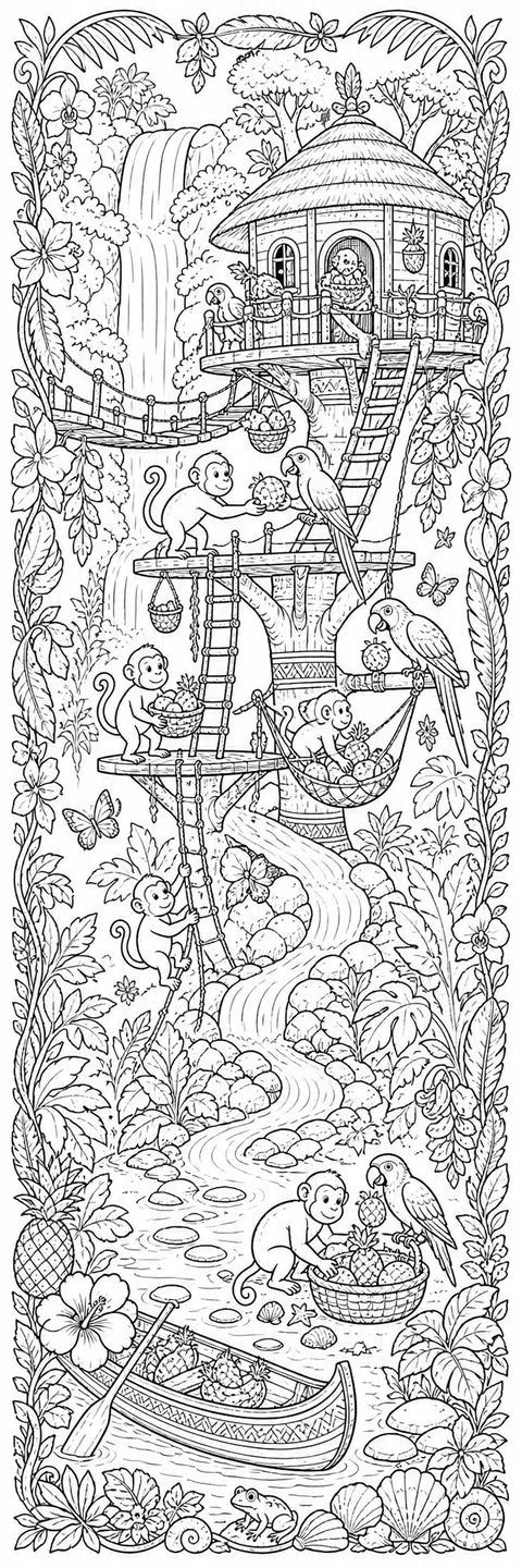 A tropical coloring scene with a waterfall, treehouse, rope bridges, playful monkeys, parrots, fruit, and a winding river.