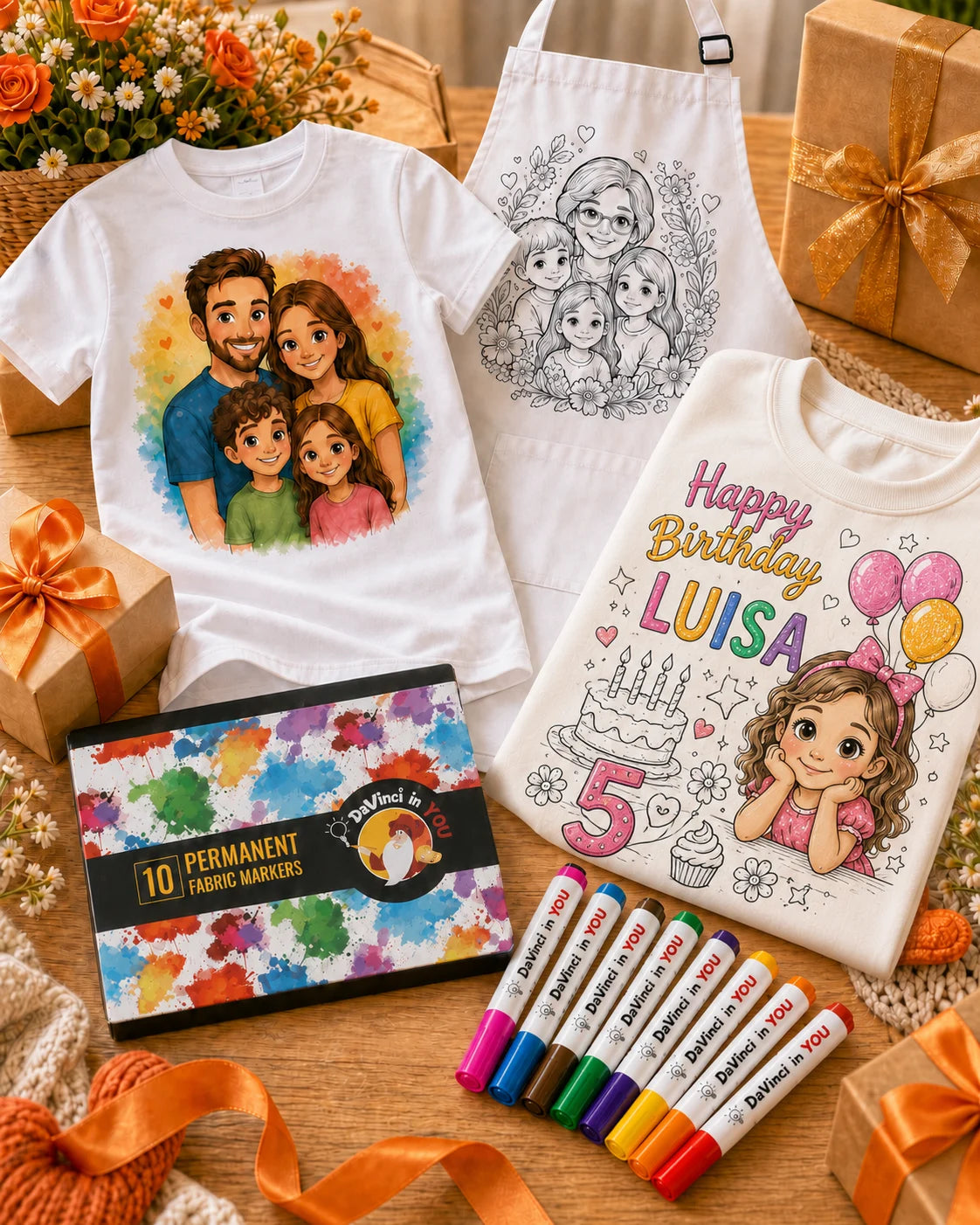 Personalized family artwork printed on coloring shirts and an apron beside DaVinci in You fabric markers and gift boxes.